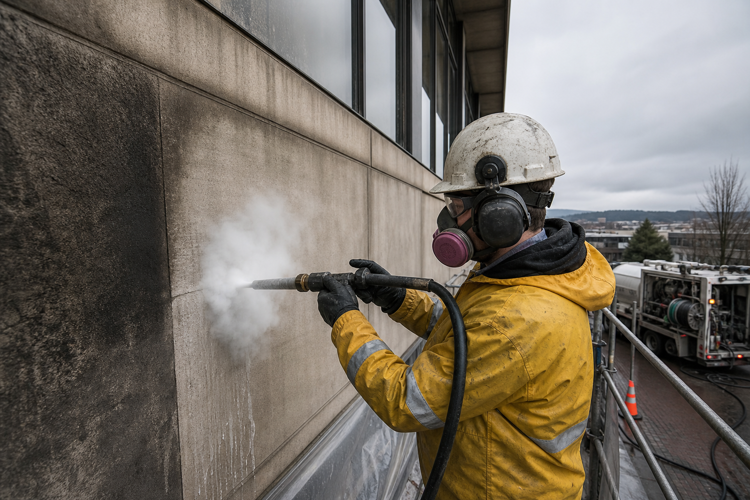 Dry ice eco-blasting restoration on commercial building